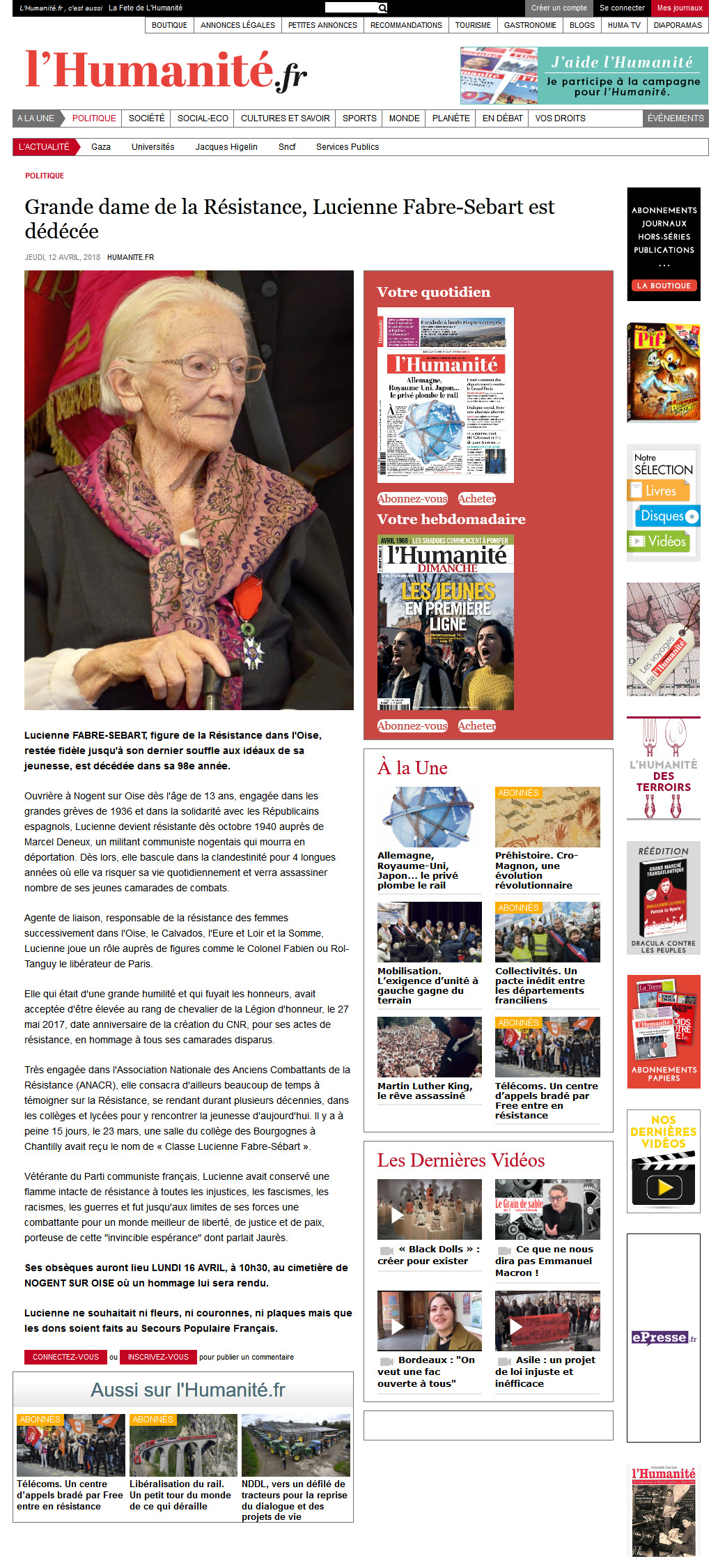 l'Humanité-12-04-2018 Grande dame de la Résistance