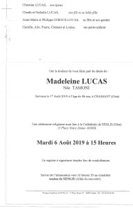 Avis de décès de la femme de Lucas Christian